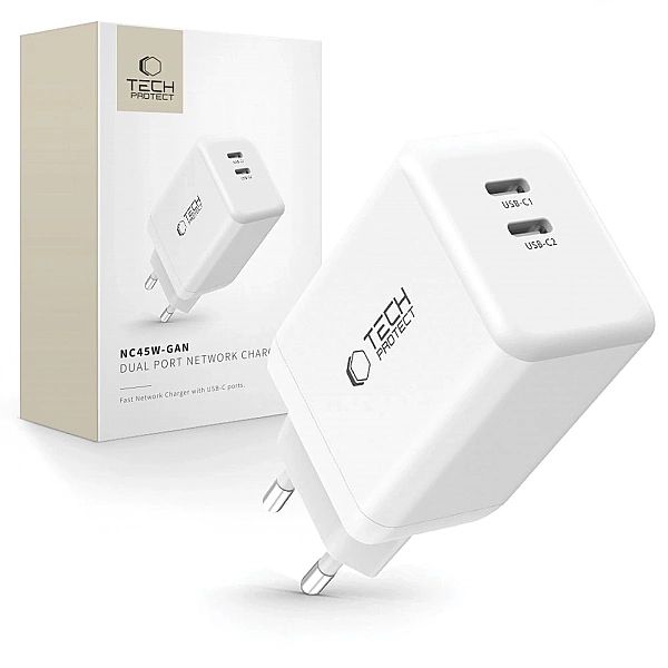 Ładowarka Tech-Protect NC45W-GAN 2-PORT PD45W - białe