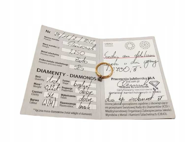 Zaręczynowy złoty pierścionek z brylantem 0.22CT  585  2,25g