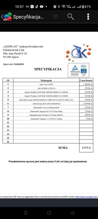 Komputer GAMINGOWY/Intel I7-8700/MSI RTX 2070 ARMOR/16GB RAM3200