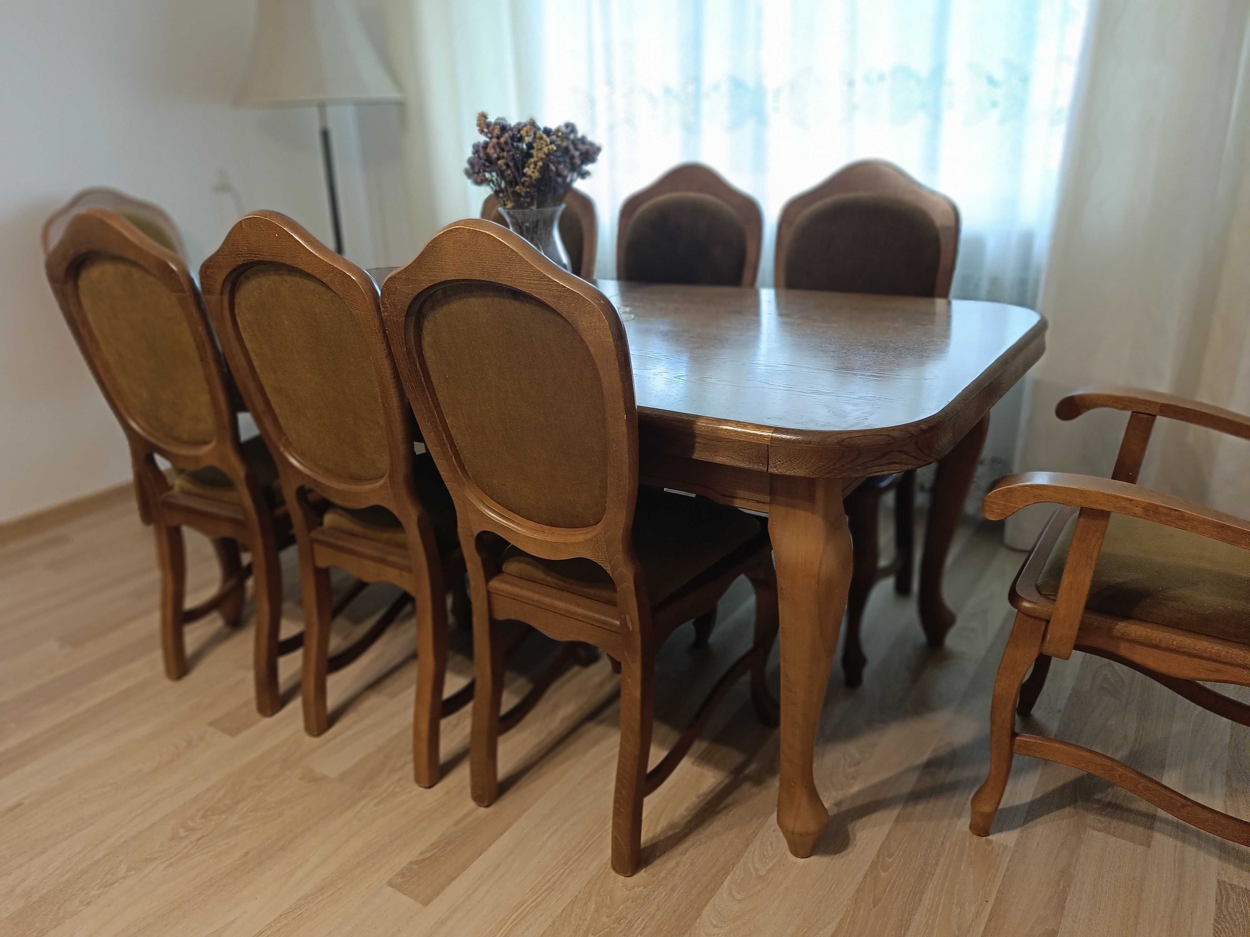 Drewniany stół rozkładany + 8 krzeseł