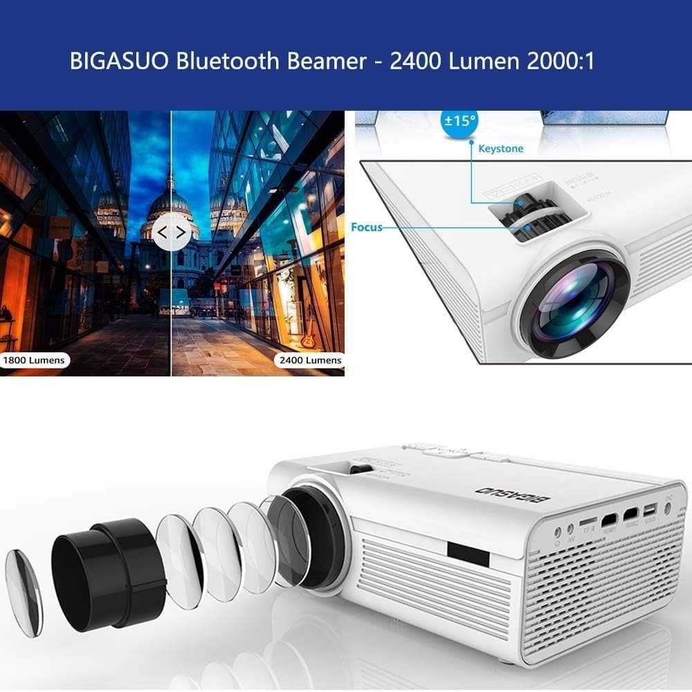 Projektor BIGASUO, przenośny projektor Bluetooth Mini wideoprojektor