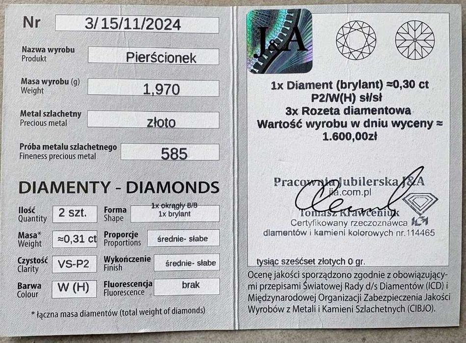 Pierścionek złoto + srebro + 1x diament + 3x rozeta diamentowa