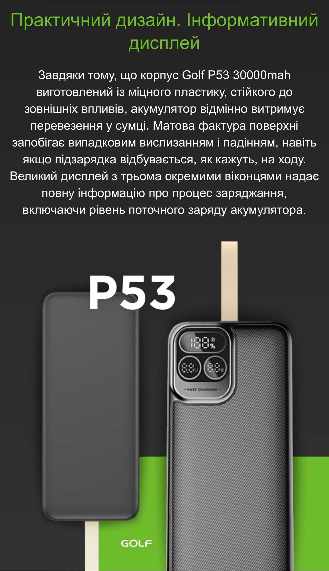 PowerBank/ПаверБанк Golf 30000mah USB-A/USB-C + Подарунок 12в кабель