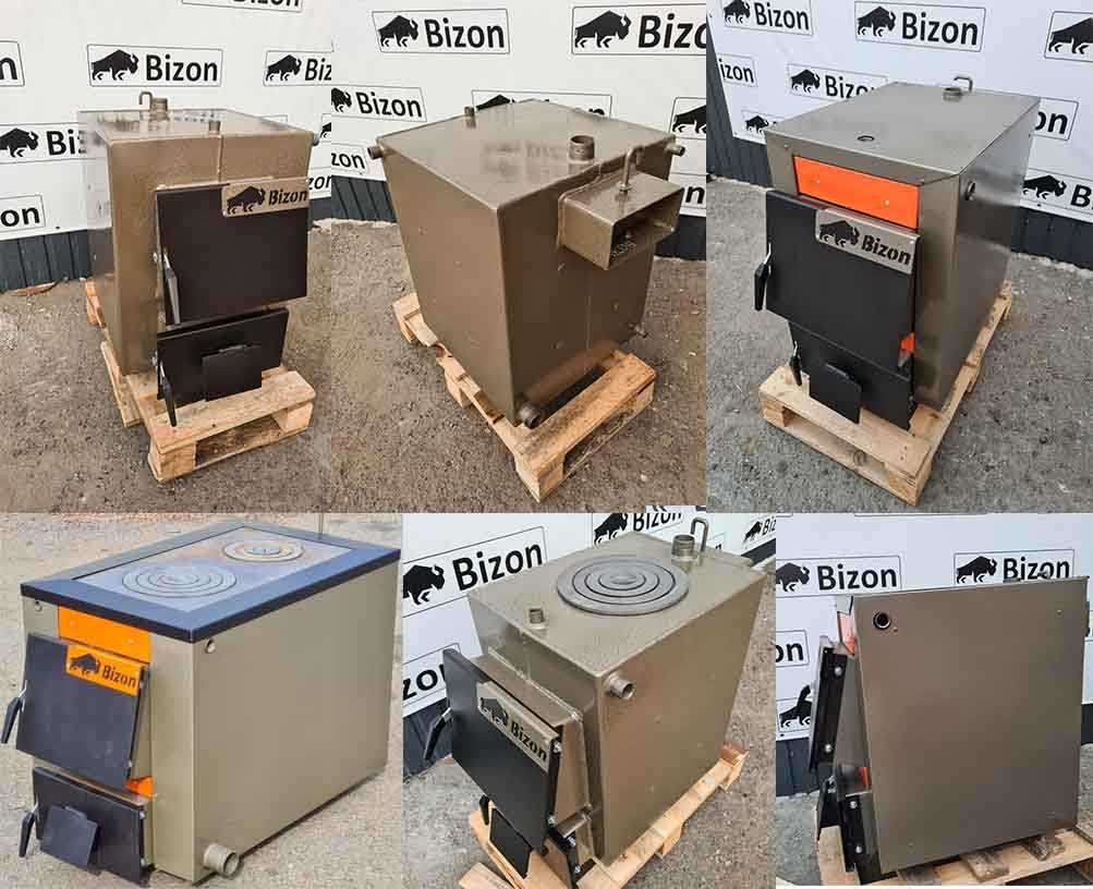 Твердотопливный котел Bizon М-100П (10 кВт) с плитой 12/14/16/18 кВт!