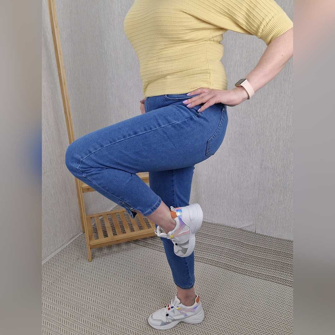 Spodnie jeansy 7/8 niebieskie zamki w nogawkach rozm 46