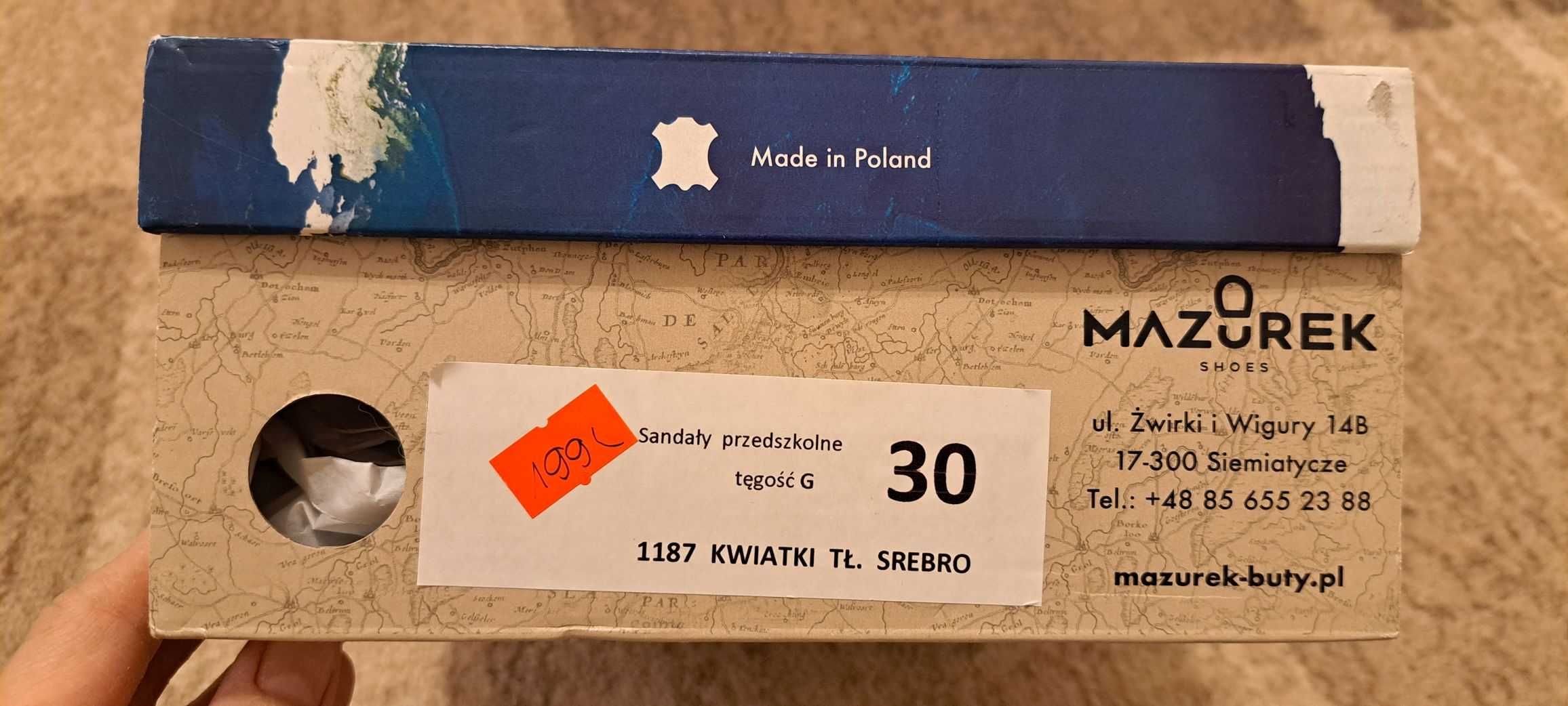 NOWE Sandałki sandały Mazurek 1187 KWIATKI TŁOCZONE SREBRO r. 30