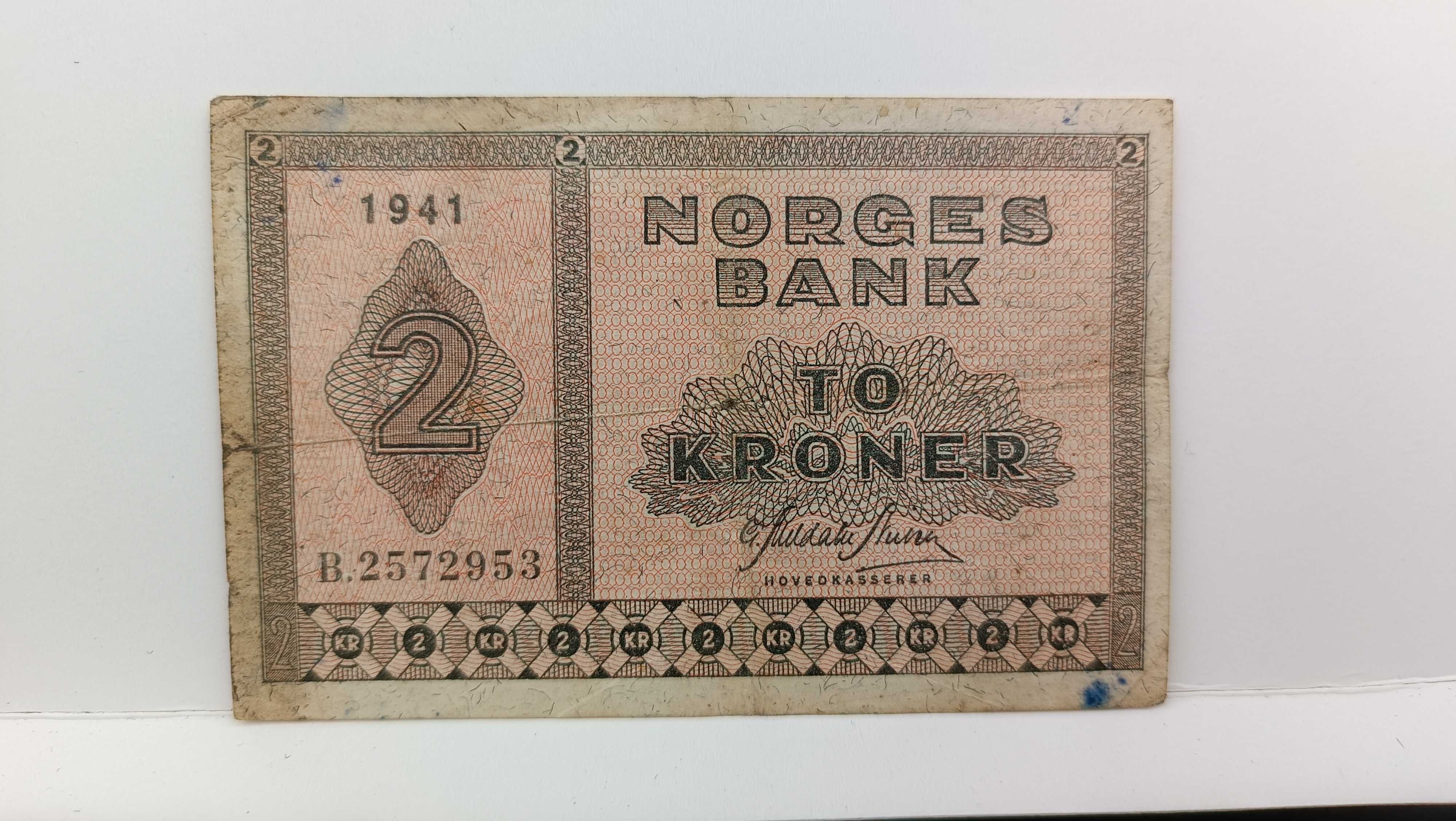 banknot To Kroner Norges Bank 2 korony norweskie 1941 r. stan III-/IV+