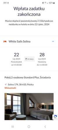 Odsprzedam wczasy w White sails solina 22-28.07.2024