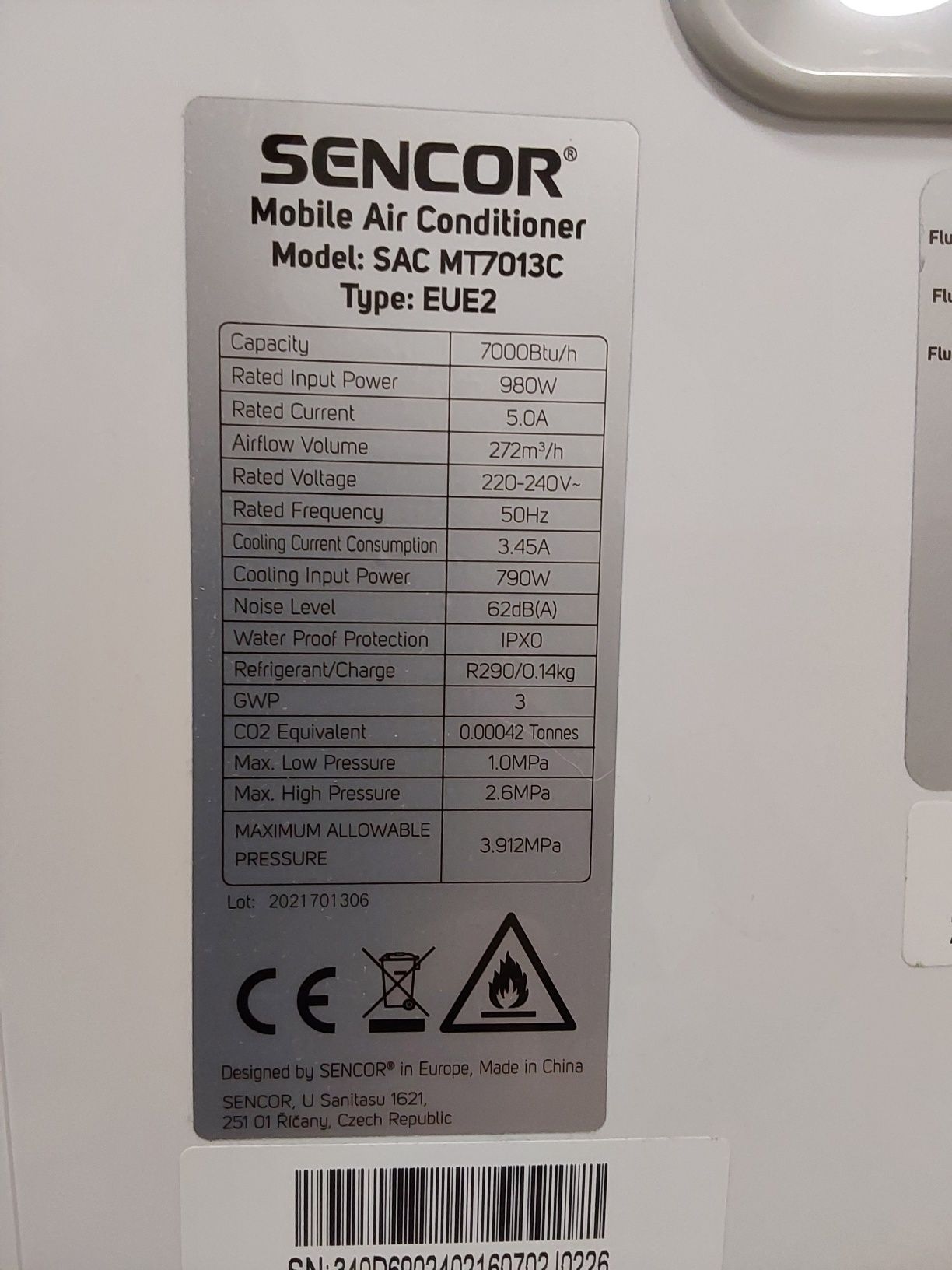 Klimatyzator mobilny domowy Sencor SAC MT7013C 7000BTU 2000W 26m2