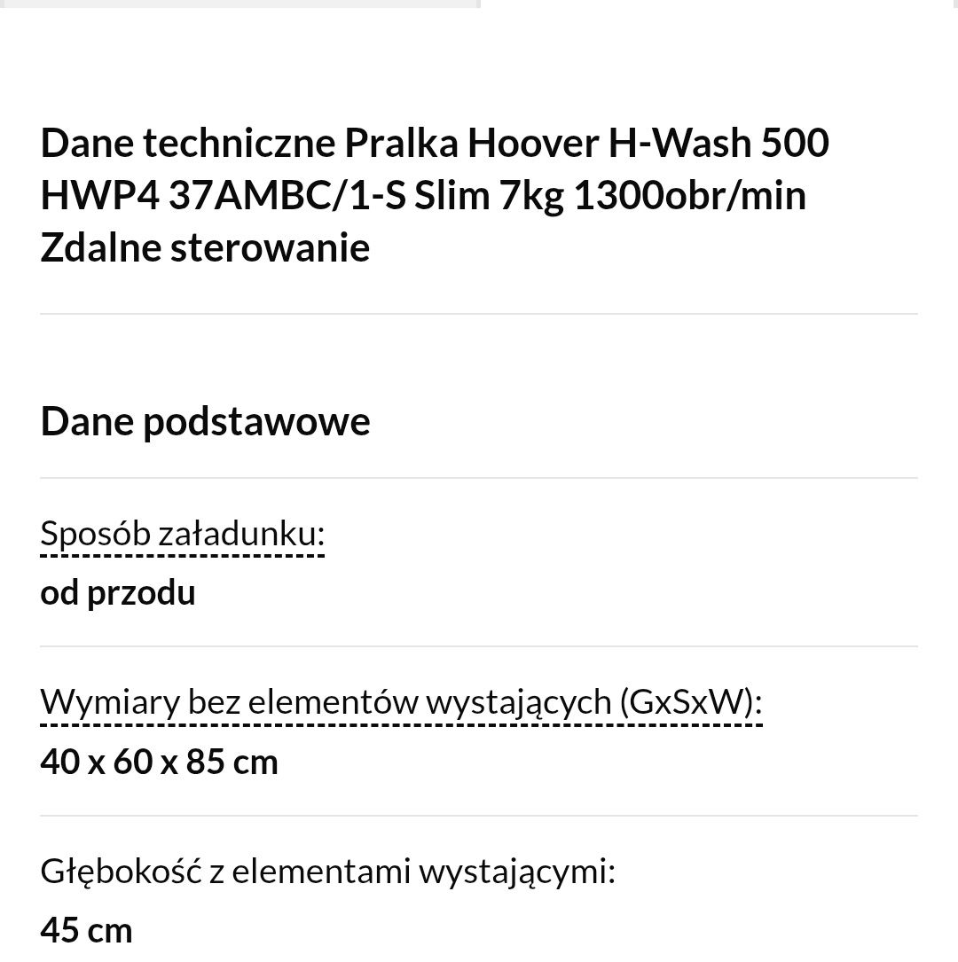 Pralka Hoover H-wash 500 Slim 7KG 1300 obrotów