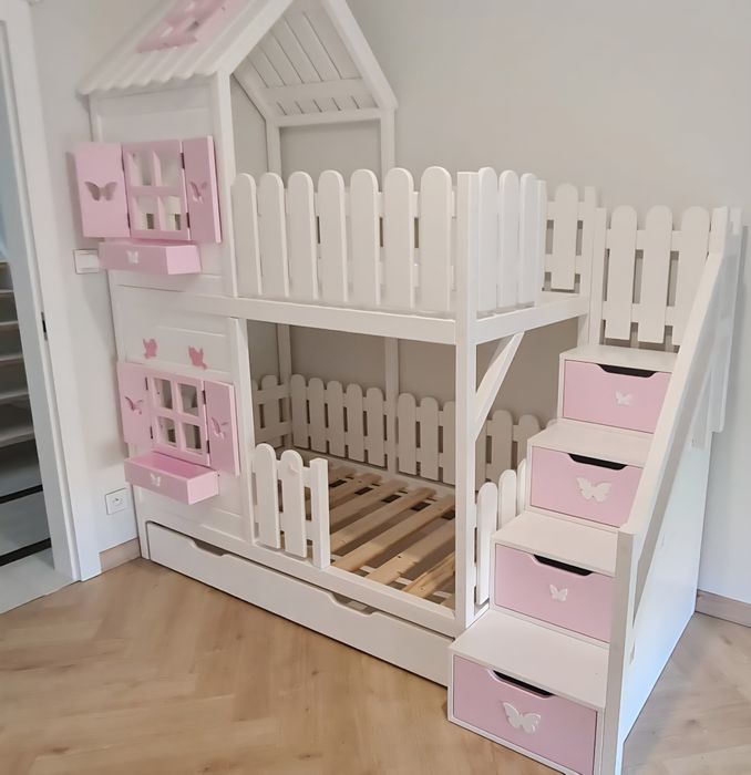 Łóżeczko domek drewniany łóżko piętrowe 80x160