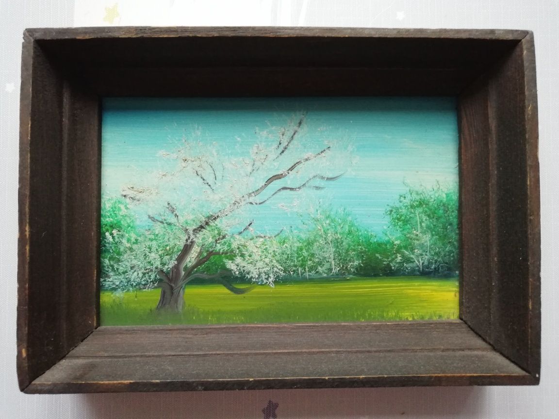 Mały olejny obrazek miniatura Pora roku wiosna drzewo