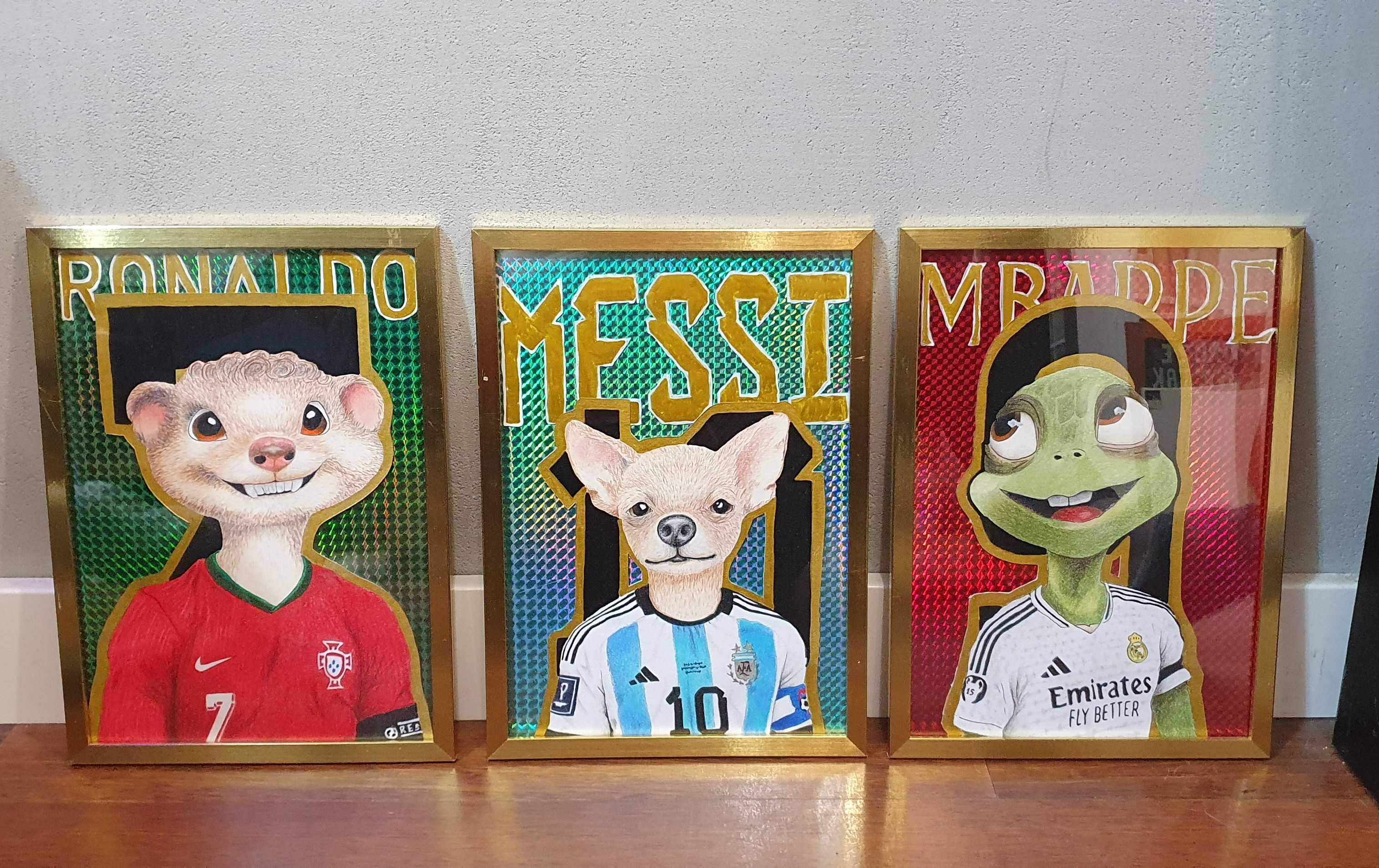 3 grafiki portrety A4 piłkarze Ronaldo Messi Mbappe