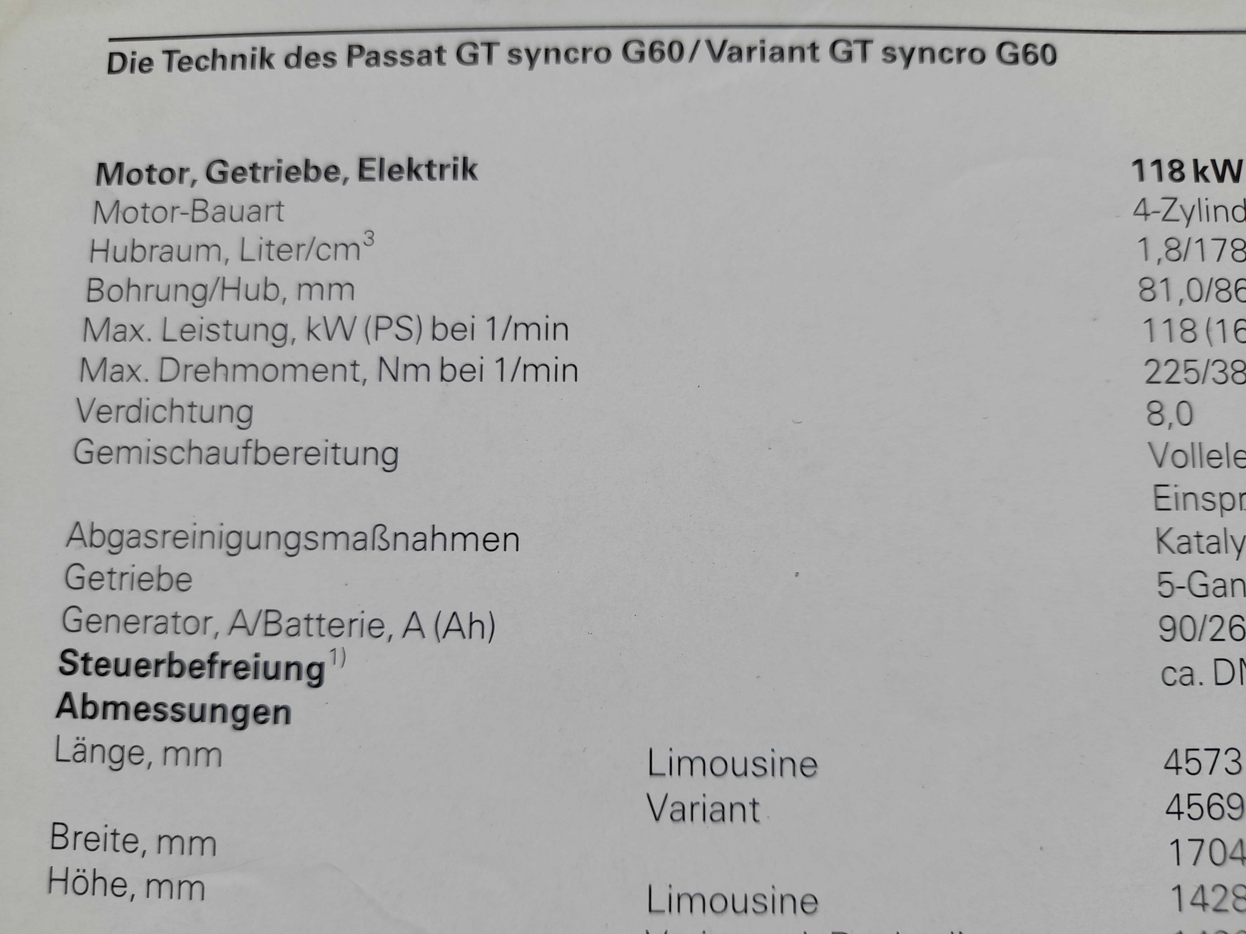 VOLKSWAGEN Passat GT syncro G60 prospekt niemiecki rok 1989