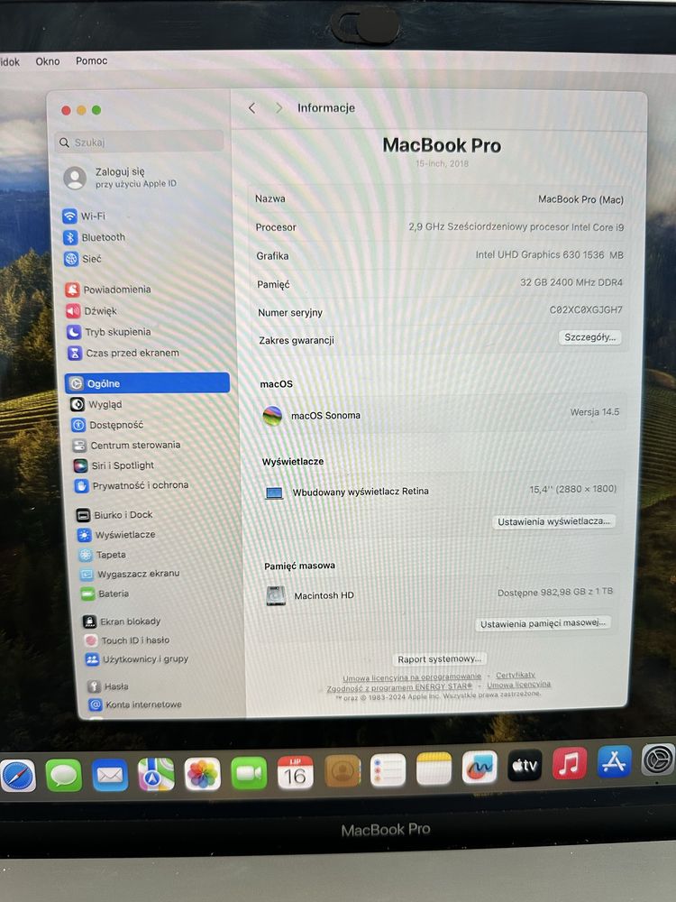MacBook Pro 15” 2018 – i9/32 GB/1 TB SSD – świetny stan