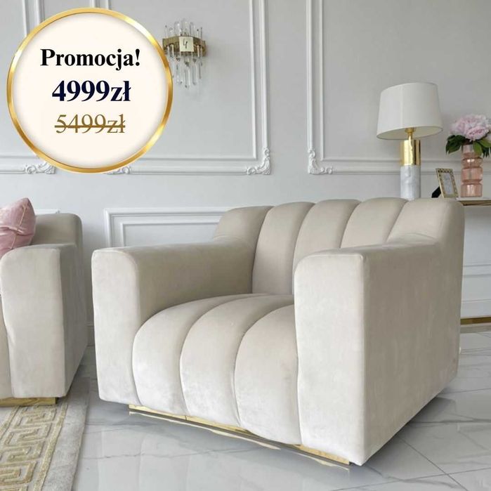 Nowoczesny Fotel Wypoczynkowy Beżowy Złote Nogi Plamoodporny LONDON