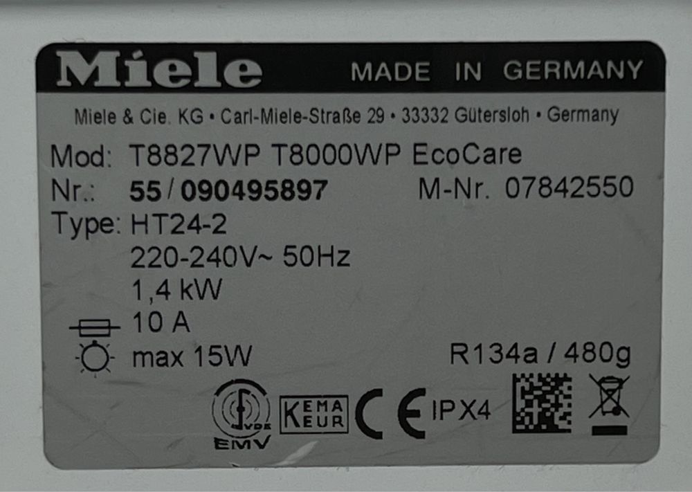 Сушильная машина Miele EcoCare T8827WP 7кг EU Germany