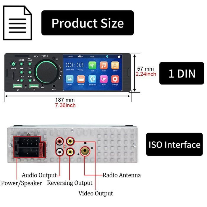 Автомагнітола сенсорна 1din Podofo SWM 7805c Bluetooth USB FM SD 4×60w