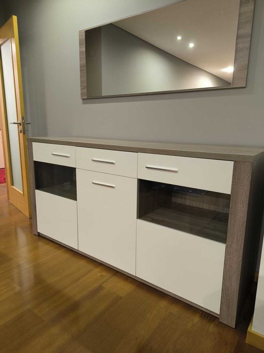 Aparador + Espelho Sala Paris Carvalho Cinza/Branco - Lourini