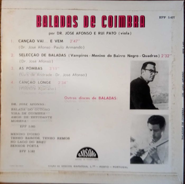 José Afonso	- - - - -		Baladas de Coimbra por Dr. José Afonso	- - -	EP