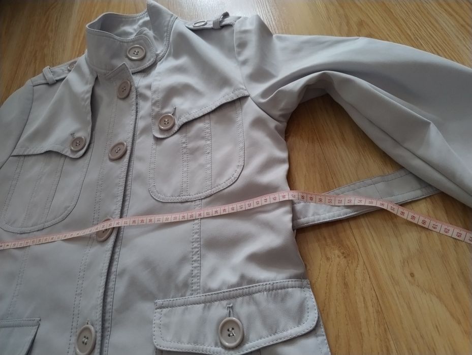 Kurtka damska, żakiet, płaszcz, szara, guziki, pasek, r.38