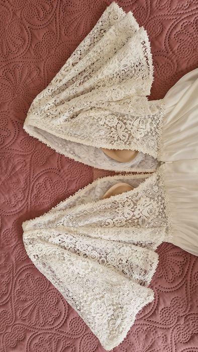 Suknia ślubna boho zwiewna muślin bawełna rękawki motylkowe eggshell