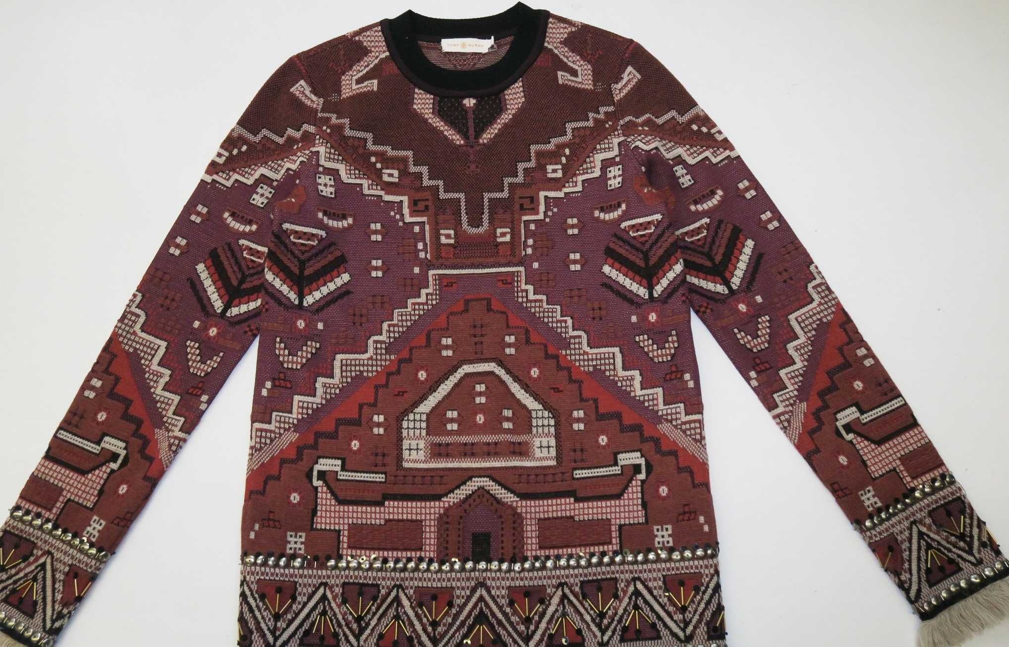 Tory Burch Gobelin Jaquard ciekawa gruby sweter azteckie wzory