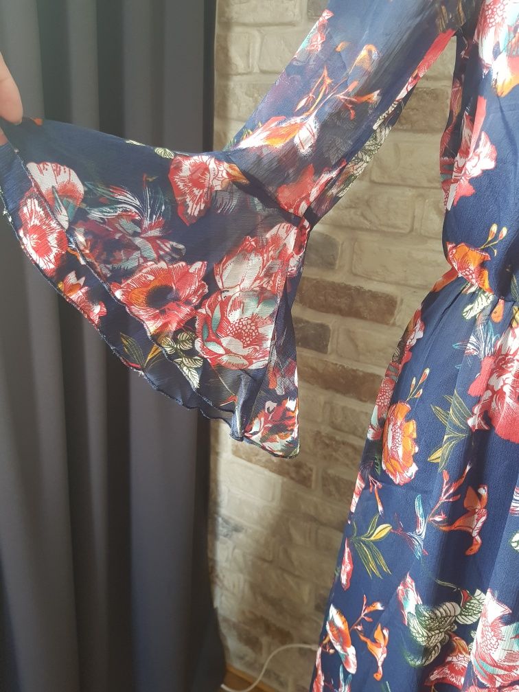Piękna elegancka sukienka wiosna jesień maxi w kwiaty M L