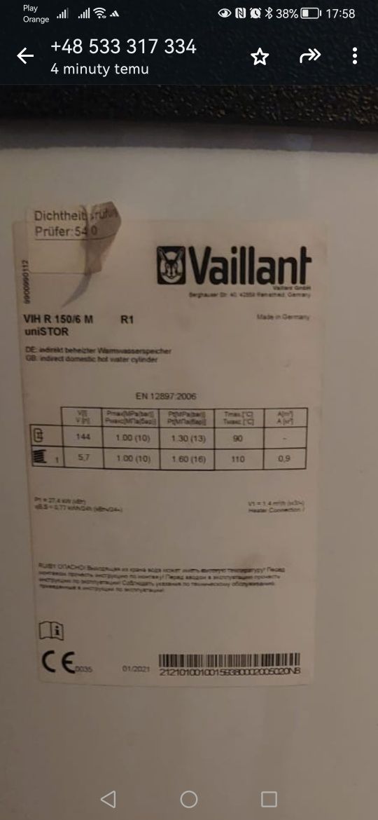Vaillant, zasobnik jak nowy VIH R 150/6 M