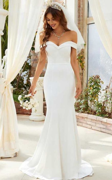 maxi ślubna odkryte plecy z trenem hiszpanka bardot rybka