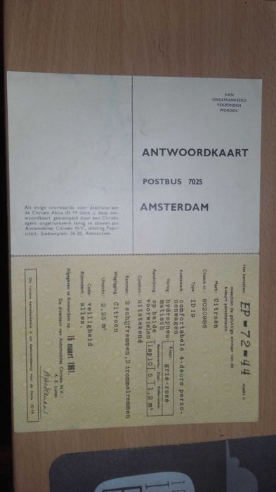 stary kolekcjonerski holenderski dowód citroen ID 19 (DS) 1961r.