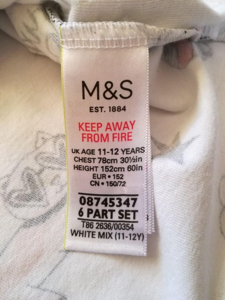 Biała bawełniana piżama dziewczęca M&S rozmiar 152, 11-12 lat