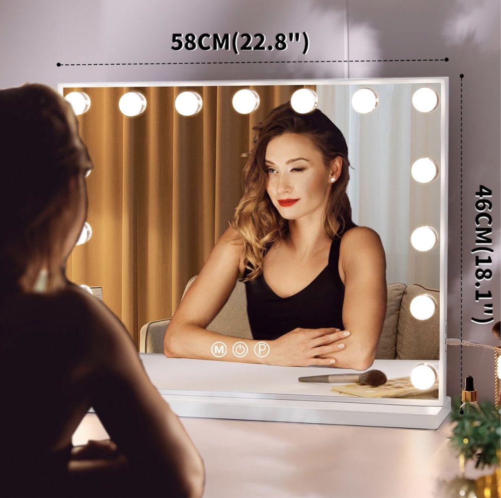 Nowe lustro Hollywood do makijażu, 15 lamp LED, USB, dotyk 58x46 cm