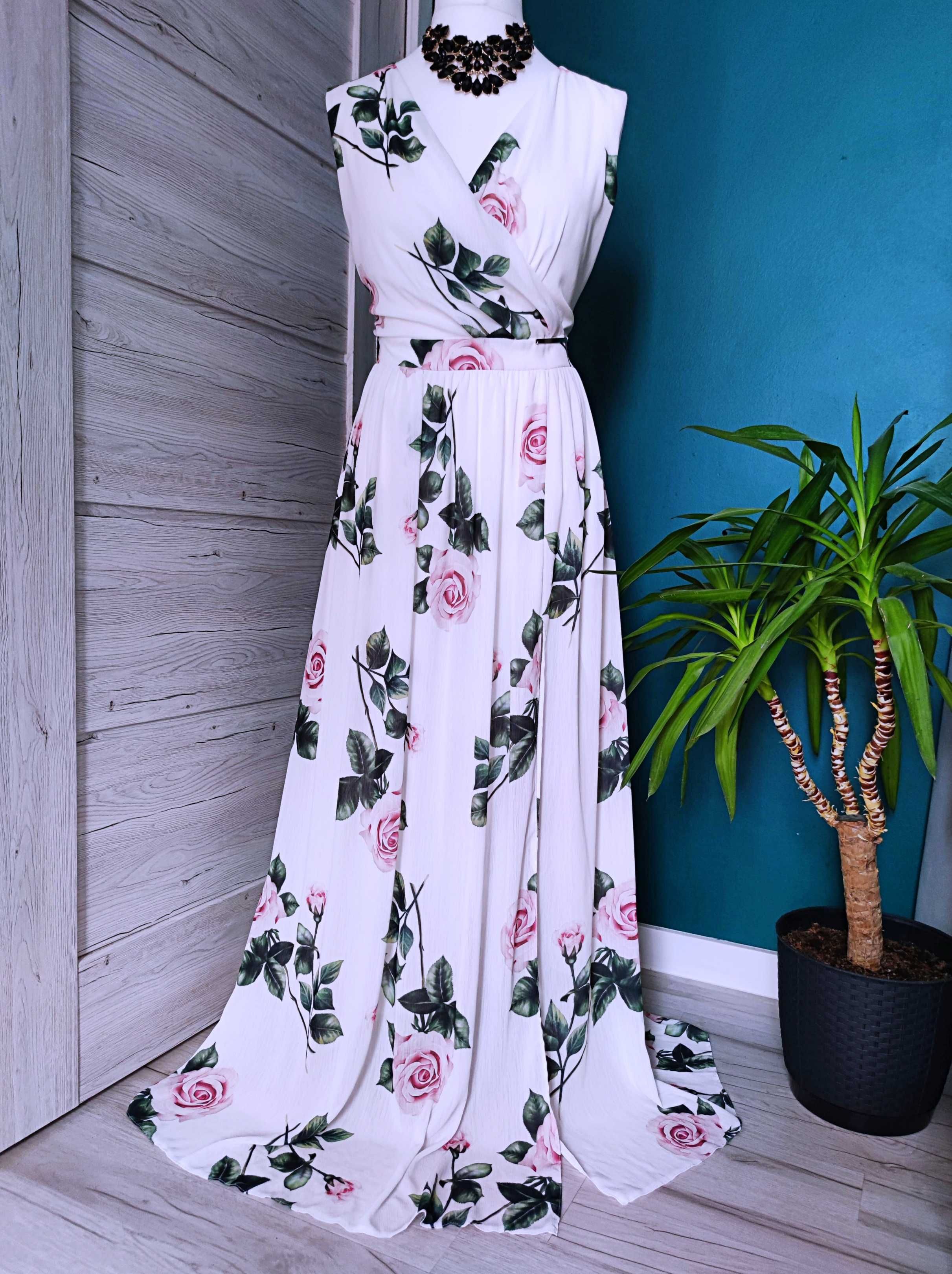 długa suknia wizytowa w kwiaty rozmiar 42 xl elegancka na wesele
