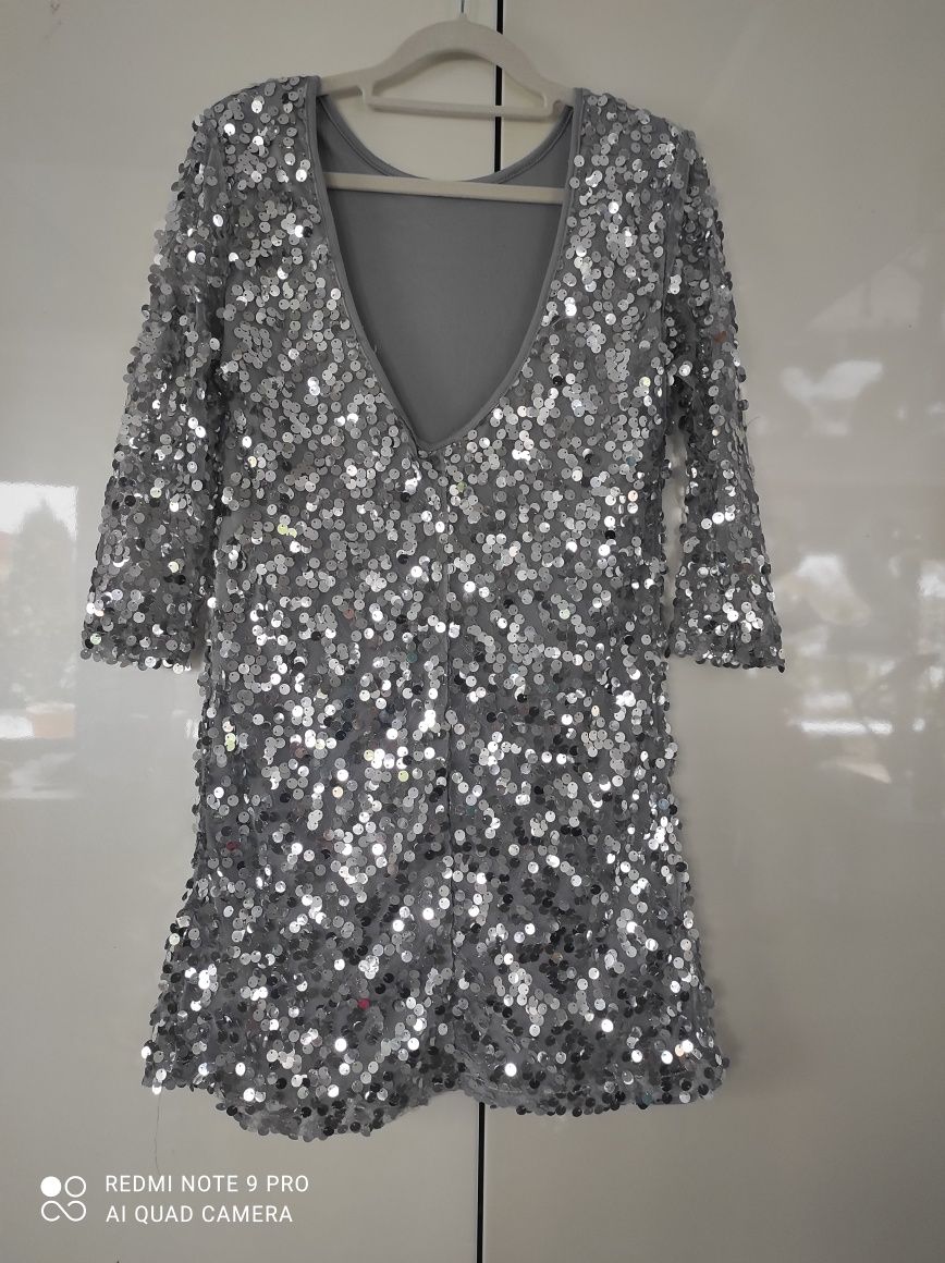 Srebrna sukienka tunika cekiny, jak H&M r M L
