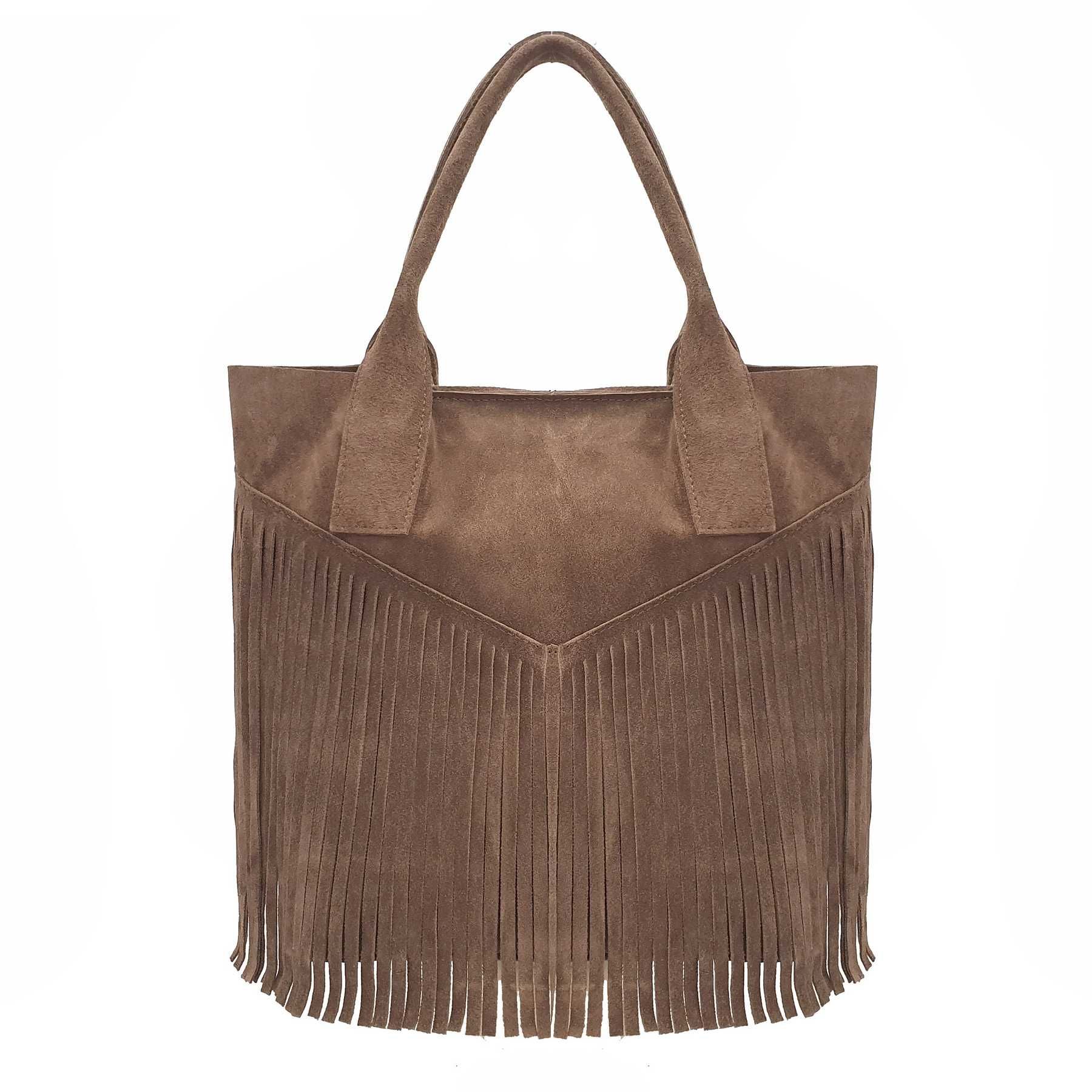 TOREBKA zamszowa damska shopper worek boho z frędzlami V007 camel