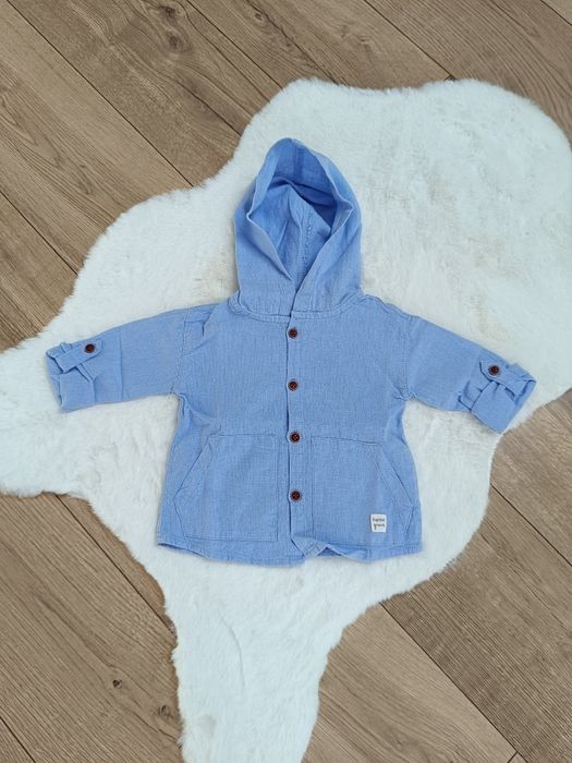 Śliczna lniana niebieska koszula chłopięca z kapturem 74 cm Reserved