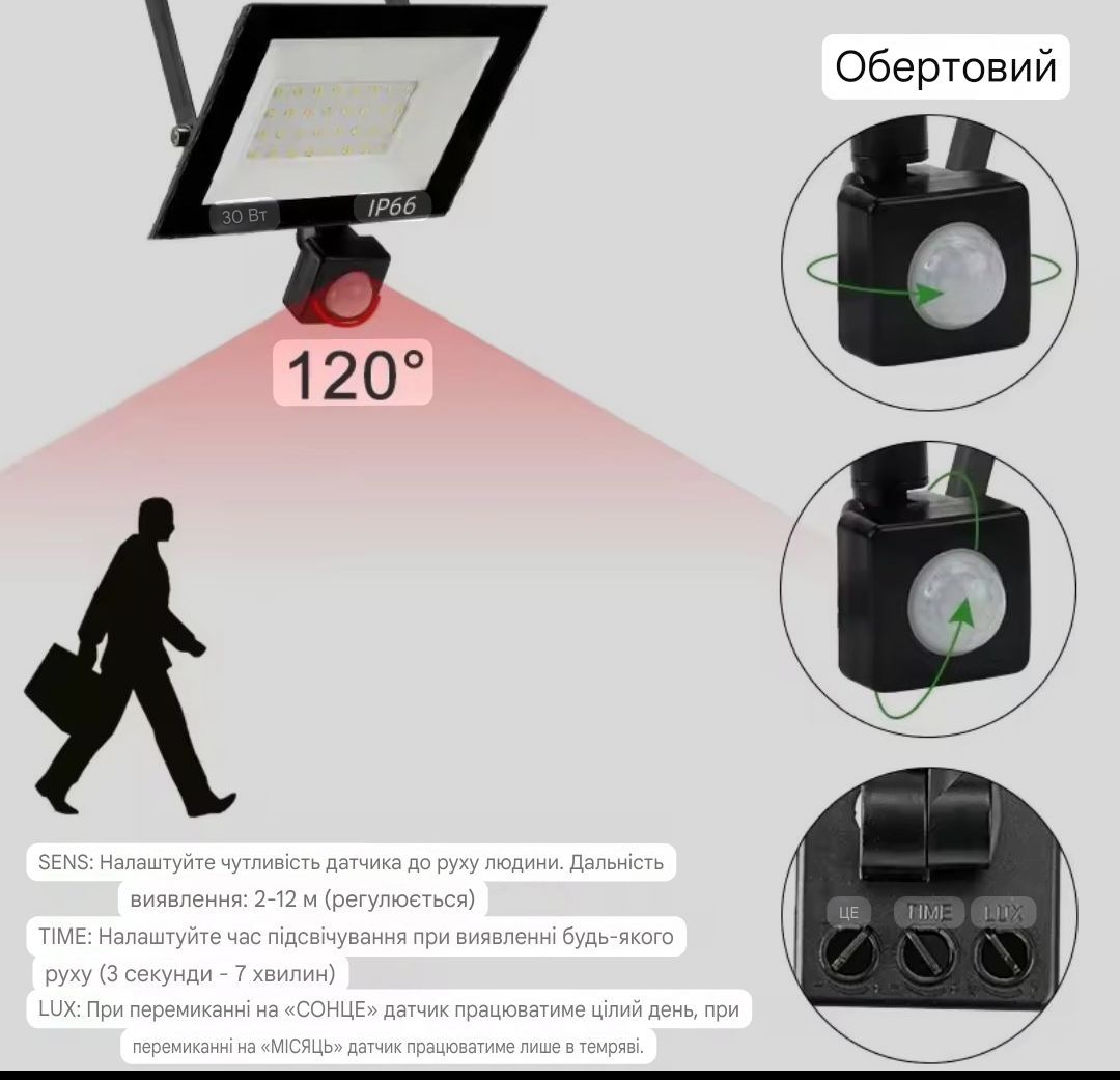 LED прожектор/ліхтар із датчиком руху до 12м, 10w. IP-66