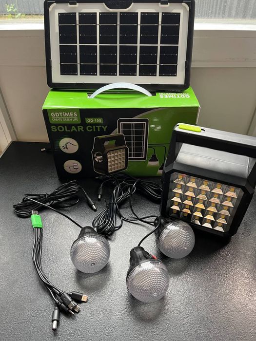 РОЗПРОДАЖ Зарядна станція - ліхтар + сонячна панель + 3 лампочки