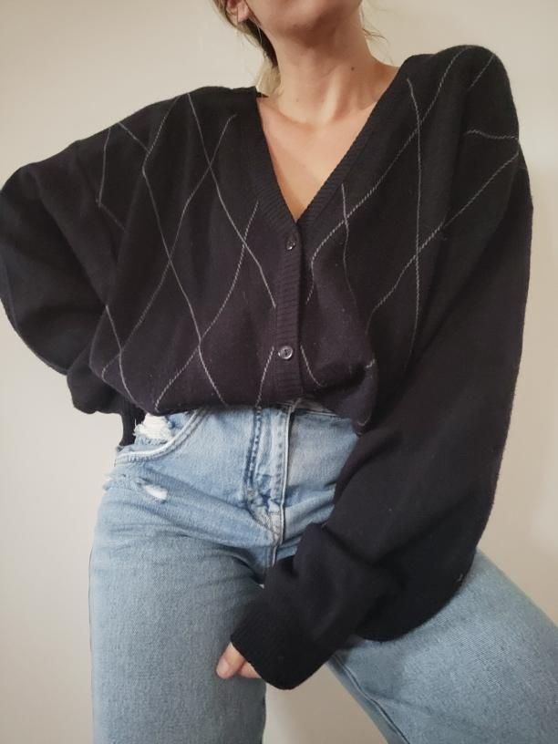 Granatowy wełniany kardigan sweter oversize romby 90s vintage