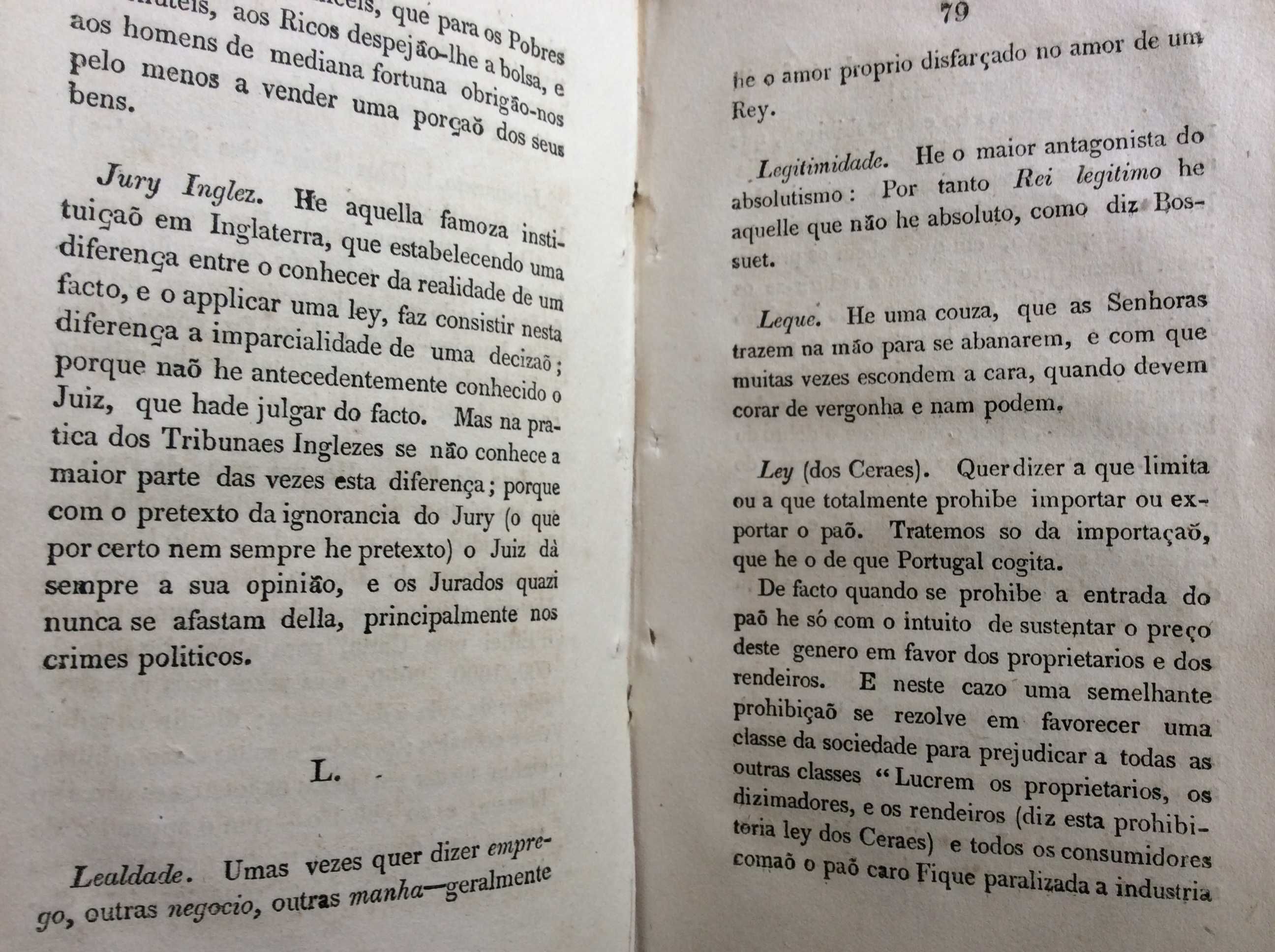Diccionario d'Algibeira: Filosófico, Político...1828, 1.ª edição. Raro