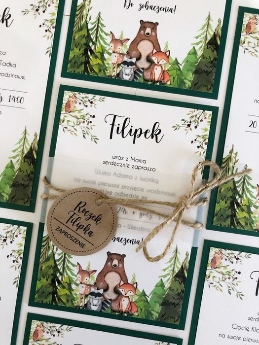 Zaproszenia na roczek urodziny urodzinowe chrzest leśne