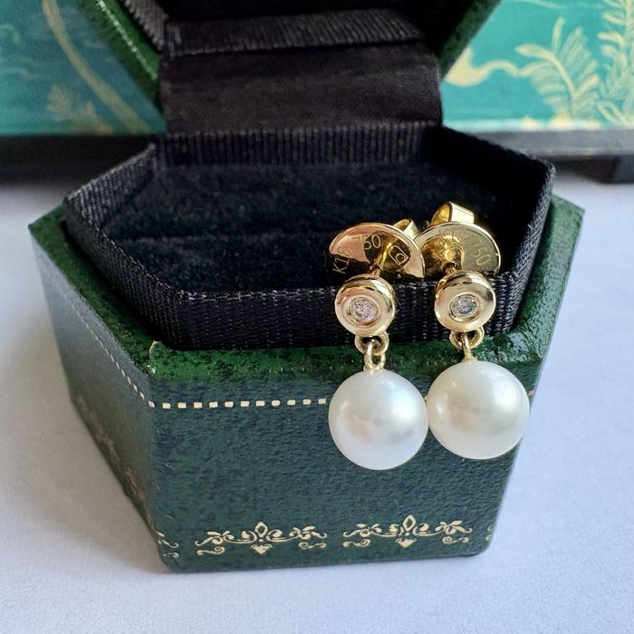 Retro kolczyki złoto 18 k perły diamenty sztyfty Certyfikat