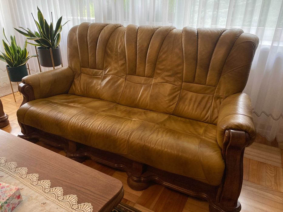 Zestaw wypoczynkowy skóra (1 + 2 +3) dąb + jasny brąz