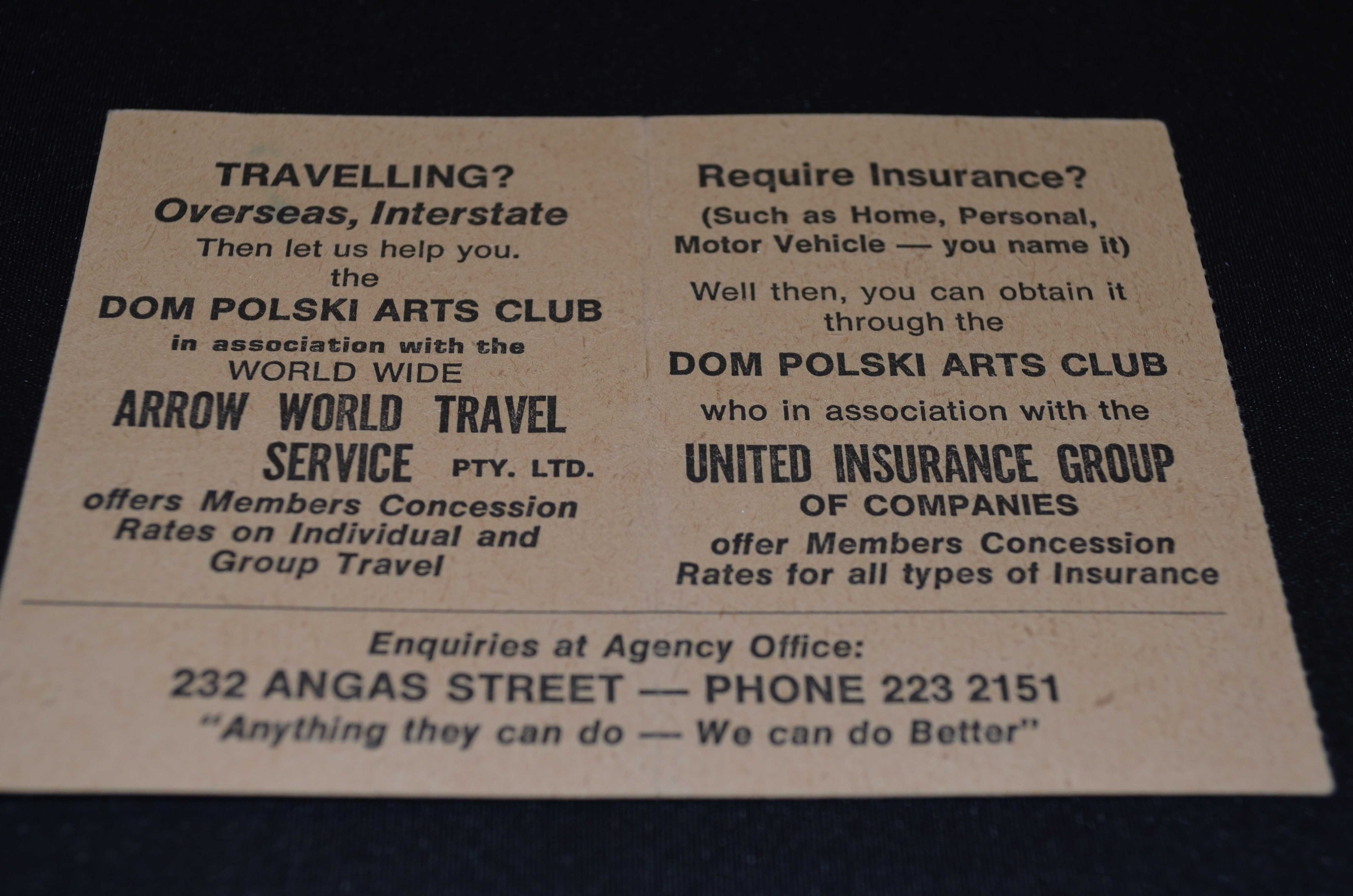 Dom Polski Centre Adelaide 1978 - bilet na kabaret