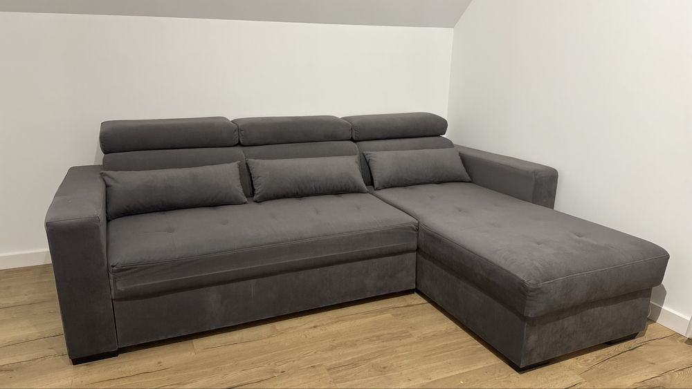 Narożnik MONSON – szary, z funkcją spania i pojemnikiem