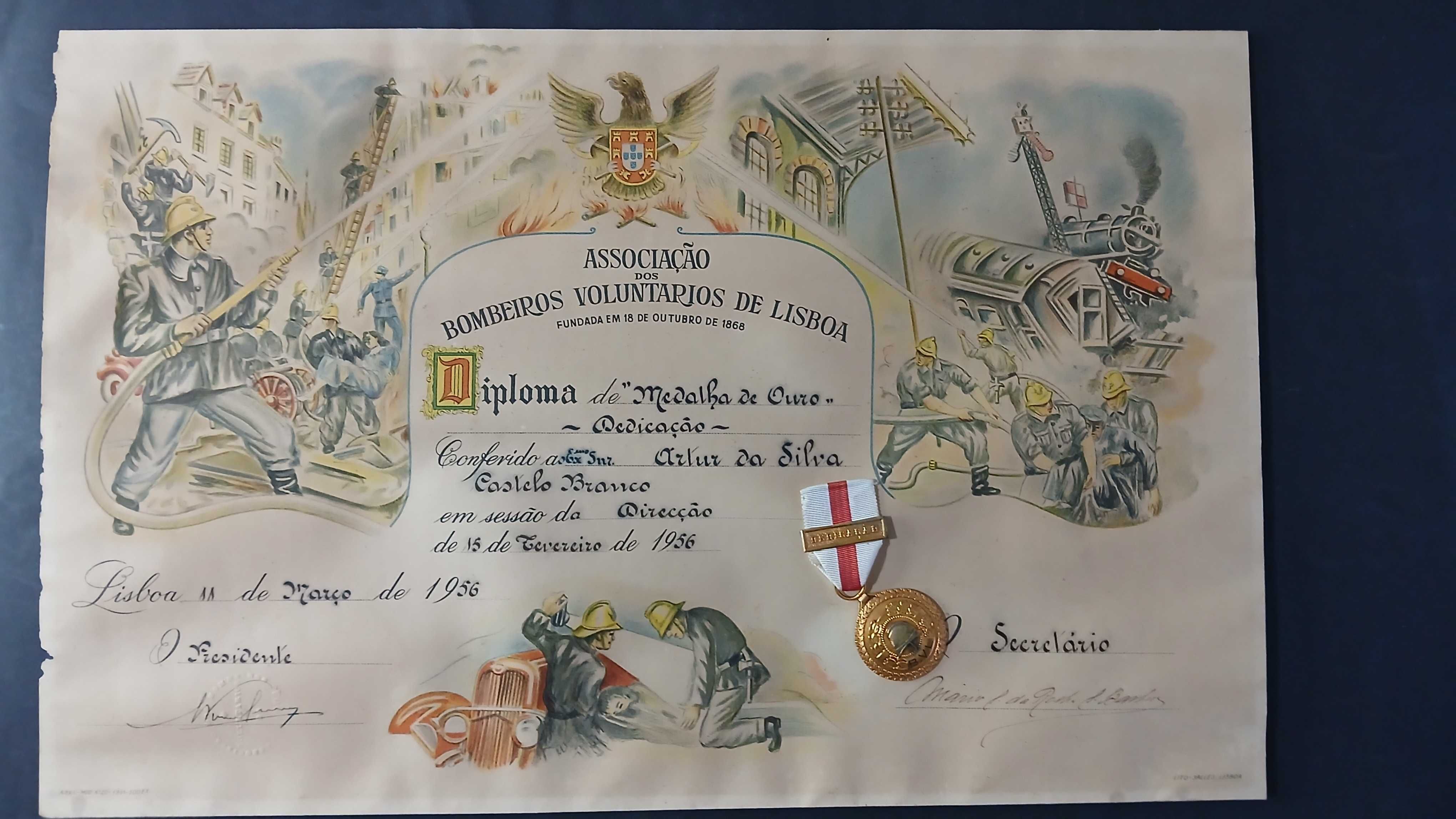 Diploma e medalha de ouro bombeiros voluntários de lisboa 1956