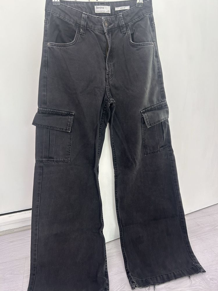 Calças de ganga cinza escuro wide leg com bolsos 34!
