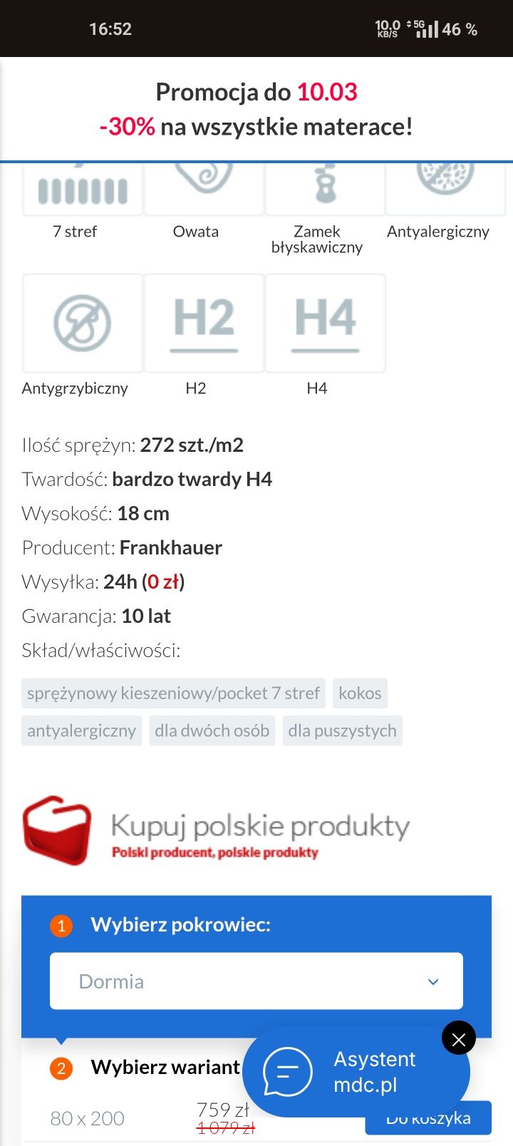Materac pocket z podwójnym kokosem Zeus