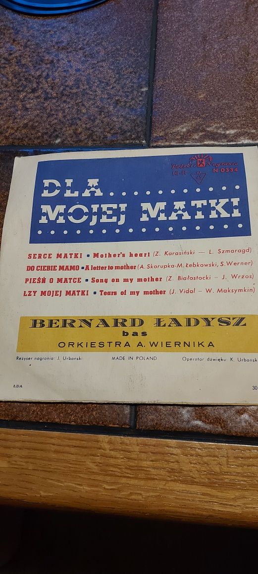 Płyta winylowa mała 7 cali-18 cm Bernard Ładysz - Dla mojej matki